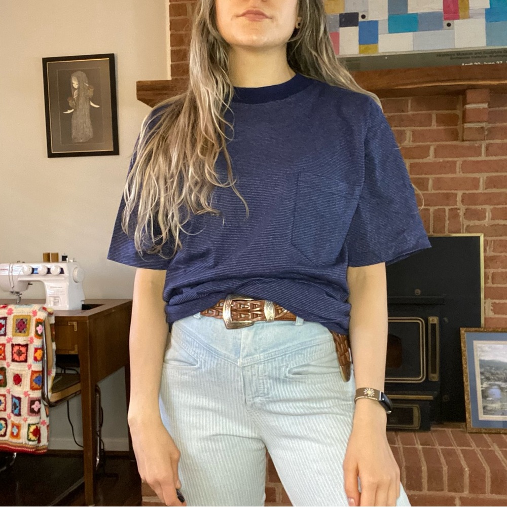 Vintage 90s Navy Baby Stripe Pocket Oversized Minimal Tee Unisex Aratex …